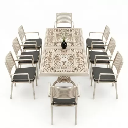 Oval Masa E:100 x D:200 x Y:72 cm 8 Kişilik modern alüminyum döküm masa ve sandalye takımı beyaz eskitme