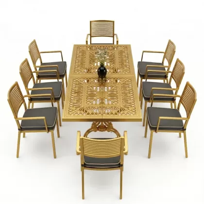 Oval Masa E:100 x D:200 x Y:72 cm 8 Kişilik modern alüminyum döküm masa ve sandalye takımı gold altın