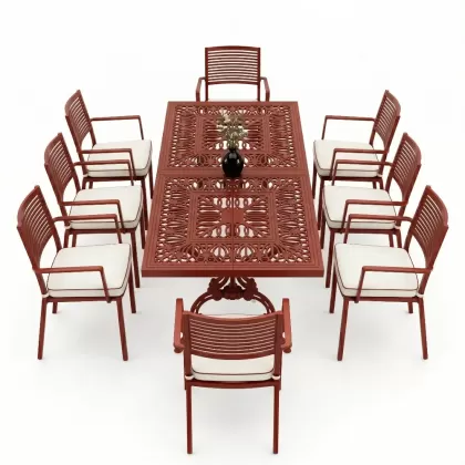 Oval Masa E:100 x D:200 x Y:72 cm 8 Kişilik modern alüminyum döküm masa ve sandalye takımı kiremit kırmızı