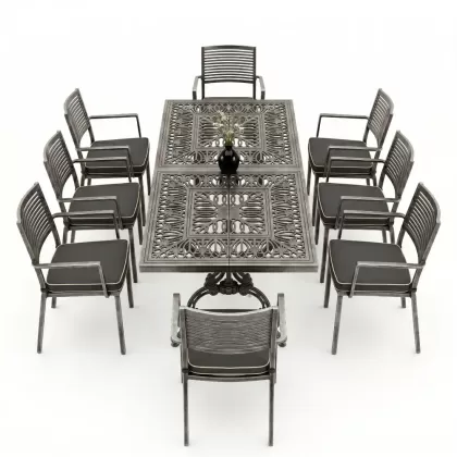 Oval Masa E:100 x D:200 x Y:72 cm 8 Kişilik modern alüminyum döküm masa ve sandalye takımı silver gümüş