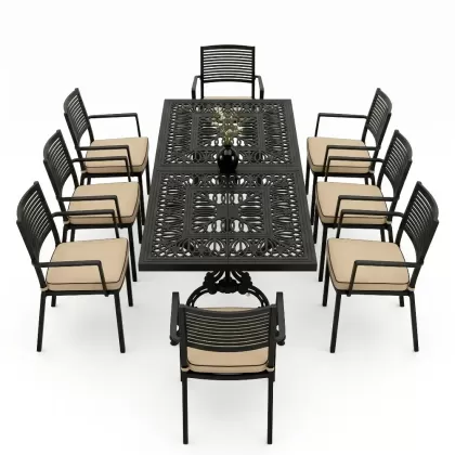 Oval Masa E:100 x D:200 x Y:72 cm 8 Kişilik modern alüminyum döküm masa ve sandalye takımı siyah