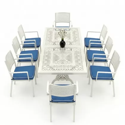 Oval Masa E:100 x D:200 x Y:72 cm 8 Kişilik modern alüminyum döküm masa ve sandalye takımı beyaz