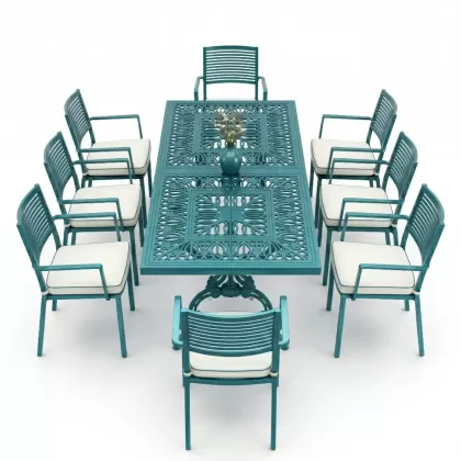 Oval Masa E:100 x D:200 x Y:72 cm 8 Kişilik modern alüminyum döküm masa ve sandalye takımı turkuaz