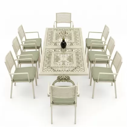 Oval Masa E:100 x D:200 x Y:72 cm 8 Kişilik modern alüminyum döküm masa ve sandalye takımı yeşil beyaz patina