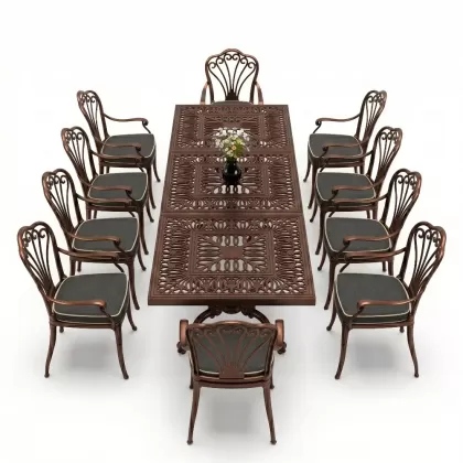 Dikdörtgen Masa E:100 x D:300 x Y:72 cm 10 Kişilik tavuskuşu motifli alüminyum döküm masa ve sandalye takımı bakır eskitme