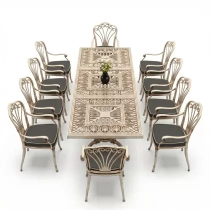 Dikdörtgen Masa E:100 x D:300 x Y:72 cm 10 Kişilik tavuskuşu motifli alüminyum döküm masa ve sandalye takımı beyaz eskitme