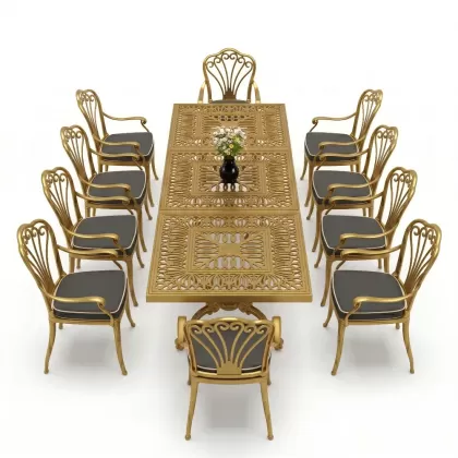 Dikdörtgen Masa E:100 x D:300 x Y:72 cm 10 Kişilik tavuskuşu motifli alüminyum döküm masa ve sandalye takımı gold altın