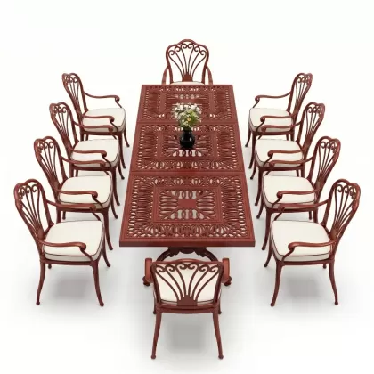 Dikdörtgen Masa E:100 x D:300 x Y:72 cm 10 Kişilik tavuskuşu motifli alüminyum döküm masa ve sandalye takımı kırmızı kiremit