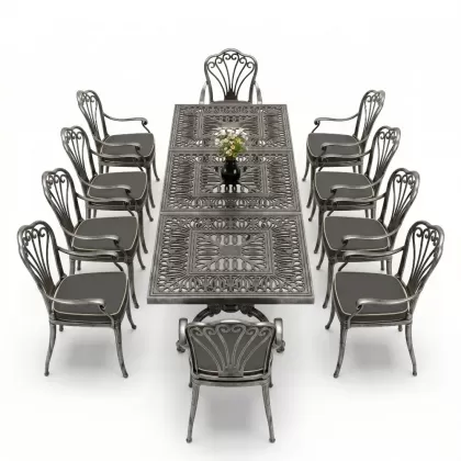 Dikdörtgen Masa E:100 x D:300 x Y:72 cm 10 Kişilik tavuskuşu motifli alüminyum döküm masa ve sandalye takımı gümüş silver