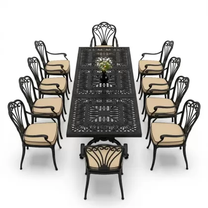 Dikdörtgen Masa E:100 x D:300 x Y:72 cm 10 Kişilik tavuskuşu motifli alüminyum döküm masa ve sandalye takımı siyah