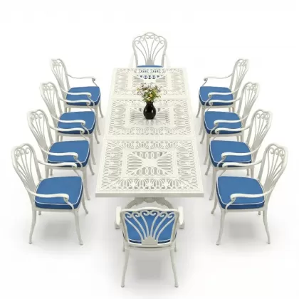 Dikdörtgen Masa E:100 x D:300 x Y:72 cm 10 Kişilik tavuskuşu motifli alüminyum döküm masa ve sandalye takımı beyaz