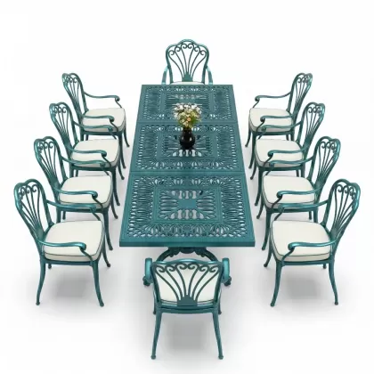 Dikdörtgen Masa E:100 x D:300 x Y:72 cm 10 Kişilik tavuskuşu motifli alüminyum döküm masa ve sandalye takımı turkuaz