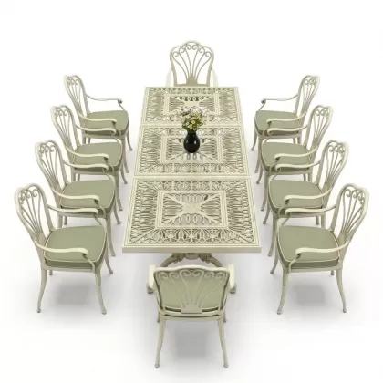 Dikdörtgen Masa E:100 x D:300 x Y:72 cm 10 Kişilik tavuskuşu motifli alüminyum döküm masa ve sandalye takımı beyaz yeşil patina