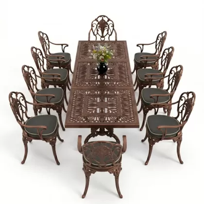 Dikdörtgen Masa E:100 x D:300 x Y:72 cm 10 Kişilik gül motif alüminyum döküm masa ve sandalye takımı bakır eskitme