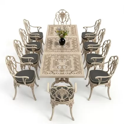 Dikdörtgen Masa E:100 x D:300 x Y:72 cm 10 Kişilik gül motif alüminyum döküm masa ve sandalye takımı beyaz eskitme