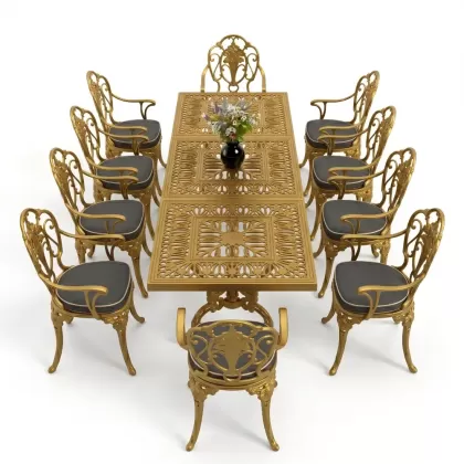Dikdörtgen Masa E:100 x D:300 x Y:72 cm 10 Kişilik gül motif alüminyum döküm masa ve sandalye takımı altın gold