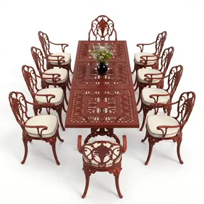 Dikdörtgen Masa E:100 x D:300 x Y:72 cm 10 Kişilik gül motif alüminyum döküm masa ve sandalye takımı kırmızı kiremit