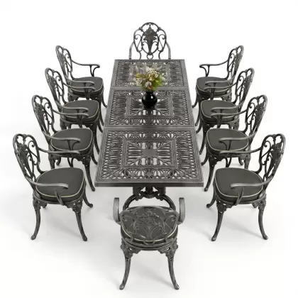 Dikdörtgen Masa E:100 x D:300 x Y:72 cm 10 Kişilik gül motif alüminyum döküm masa ve sandalye takımı gümüş silver