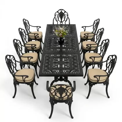 Dikdörtgen Masa E:100 x D:300 x Y:72 cm 10 Kişilik gül motif alüminyum döküm masa ve sandalye takımı siyah
