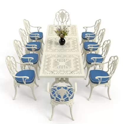 Dikdörtgen Masa E:100 x D:300 x Y:72 cm 10 Kişilik gül motif alüminyum döküm masa ve sandalye takımı beyaz
