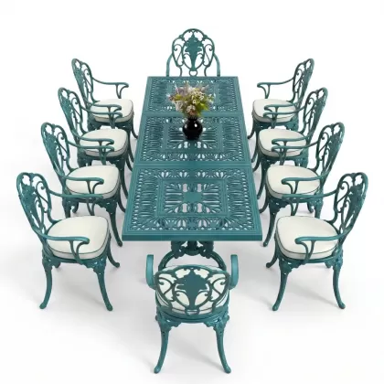 Dikdörtgen Masa E:100 x D:300 x Y:72 cm 10 Kişilik gül motif alüminyum döküm masa ve sandalye takımı turkuaz