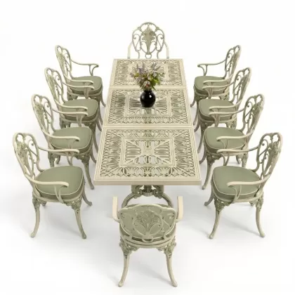 Dikdörtgen Masa E:100 x D:300 x Y:72 cm 10 Kişilik gül motif alüminyum döküm masa ve sandalye takımı yeşil beyaz patina