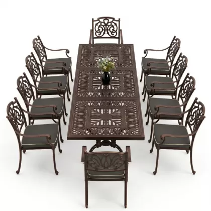 Dikdörtgen Masa E:100 x D:300 x Y:72 cm 10 Kişilik kelebek alüminyum döküm masa ve sandalye takımı bakır eskitme