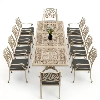 Dikdörtgen Masa E:100 x D:300 x Y:72 cm 10 Kişilik kelebek alüminyum döküm masa ve sandalye takımı beyaz eskitme