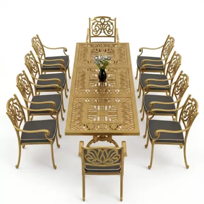 Dikdörtgen Masa E:100 x D:300 x Y:72 cm 10 Kişilik kelebek alüminyum döküm masa ve sandalye takımı gold altın