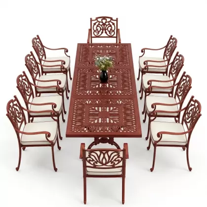 Dikdörtgen Masa E:100 x D:300 x Y:72 cm 10 Kişilik kelebek alüminyum döküm masa ve sandalye takımı kırmızı kiremit