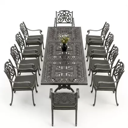 Dikdörtgen Masa E:100 x D:300 x Y:72 cm 10 Kişilik kelebek alüminyum döküm masa ve sandalye takımı silver gümüş