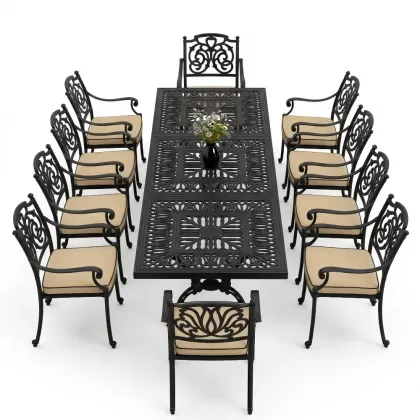 Dikdörtgen Masa E:100 x D:300 x Y:72 cm 10 Kişilik kelebek alüminyum döküm masa ve sandalye takımı siyah