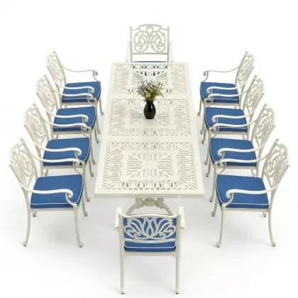 Dikdörtgen Masa E:100 x D:300 x Y:72 cm 10 Kişilik kelebek alüminyum döküm masa ve sandalye takımı beyaz