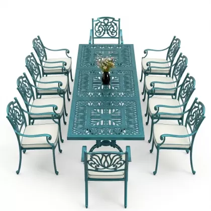 Dikdörtgen Masa E:100 x D:300 x Y:72 cm 10 Kişilik kelebek alüminyum döküm masa ve sandalye takımı turkuaz