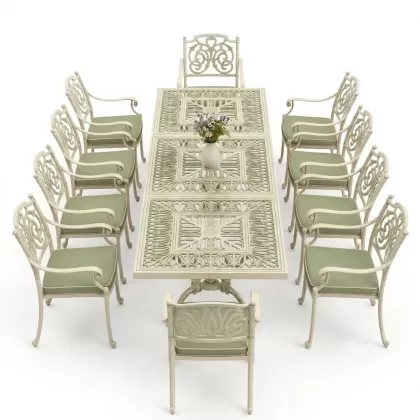 Dikdörtgen Masa E:100 x D:300 x Y:72 cm 10 Kişilik kelebek alüminyum döküm masa ve sandalye takımı yeşil beyaz patina