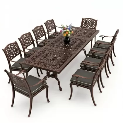 Dikdörtgen Masa E:100 x D:300 x Y:72 cm 10 Kişilik güneş motifli alüminyum döküm masa ve sandalye takımı bakır eskitme