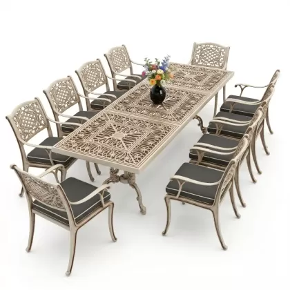 Dikdörtgen Masa E:100 x D:300 x Y:72 cm 10 Kişilik güneş motifli alüminyum döküm masa ve sandalye takımı beyaz eskitme