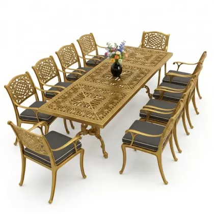 Dikdörtgen Masa E:100 x D:300 x Y:72 cm 10 Kişilik güneş motifli alüminyum döküm masa ve sandalye takımı gold altın