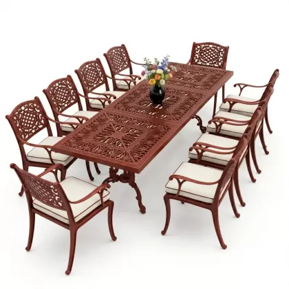 Dikdörtgen Masa E:100 x D:300 x Y:72 cm 10 Kişilik güneş motifli alüminyum döküm masa ve sandalye takımı kırmızı kiremit