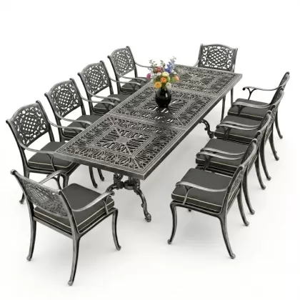 Dikdörtgen Masa E:100 x D:300 x Y:72 cm 10 Kişilik güneş motifli alüminyum döküm masa ve sandalye takımı silver gümüş