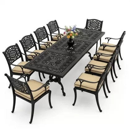 Dikdörtgen Masa E:100 x D:300 x Y:72 cm 10 Kişilik güneş motifli alüminyum döküm masa ve sandalye takımı siyah