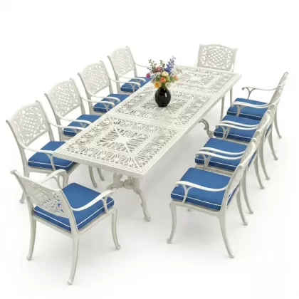 Dikdörtgen Masa E:100 x D:300 x Y:72 cm 10 Kişilik güneş motifli alüminyum döküm masa ve sandalye takımı beyaz