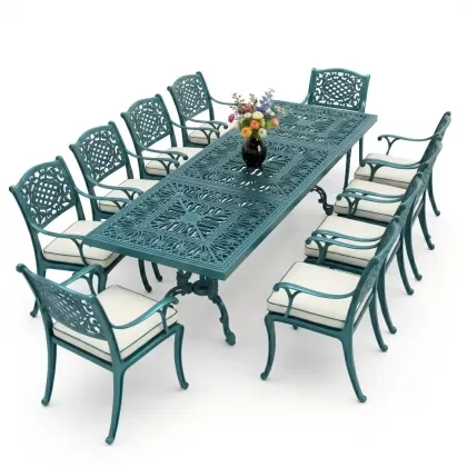 Dikdörtgen Masa E:100 x D:300 x Y:72 cm 10 Kişilik güneş motifli alüminyum döküm masa ve sandalye takımı turkuaz