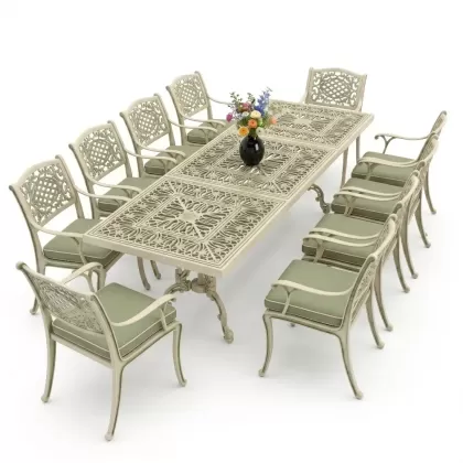 Dikdörtgen Masa E:100 x D:300 x Y:72 cm 10 Kişilik güneş motifli alüminyum döküm masa ve sandalye takımı yeşil beyaz patina