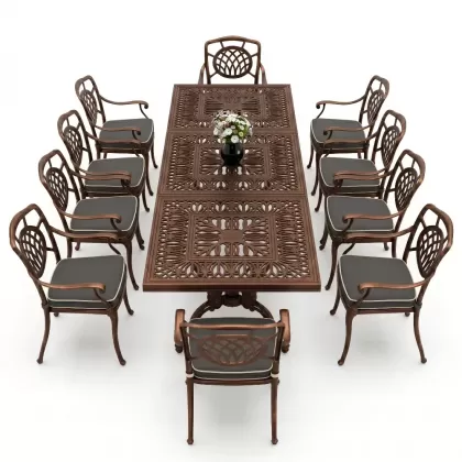 Dikdötgen Masa E:100 x D:300 x Y:72 cm 10 Kişilik alüminyum döküm masa ve sandalye takımı bakır eskitme