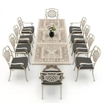 Dikdötgen Masa E:100 x D:300 x Y:72 cm 10 Kişilik alüminyum döküm masa ve sandalye takımı beyaz eskitmre