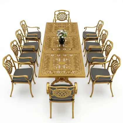 Dikdötgen Masa E:100 x D:300 x Y:72 cm 10 Kişilik alüminyum döküm masa ve sandalye takımı gold altın