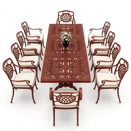 Dikdötgen Masa E:100 x D:300 x Y:72 cm 10 Kişilik alüminyum döküm masa ve sandalye takımı kırmızı kiremit