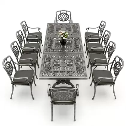 Dikdötgen Masa E:100 x D:300 x Y:72 cm 10 Kişilik alüminyum döküm masa ve sandalye takımı silver gümüş