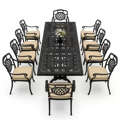 Dikdötgen Masa E:100 x D:300 x Y:72 cm 10 Kişilik alüminyum döküm masa ve sandalye takımı siyah